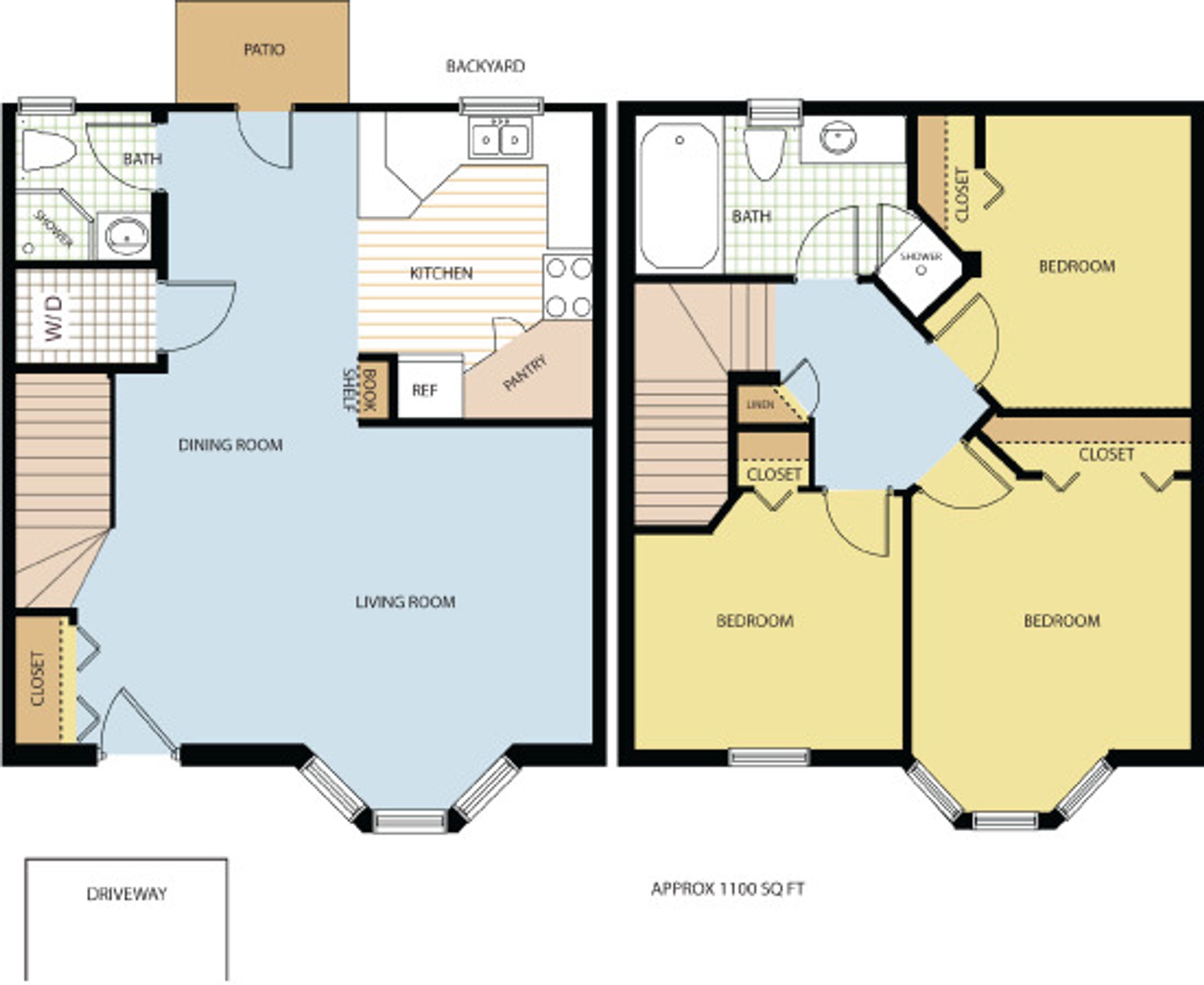 3 Bedroom 2 Bath Townhouse floorplan image